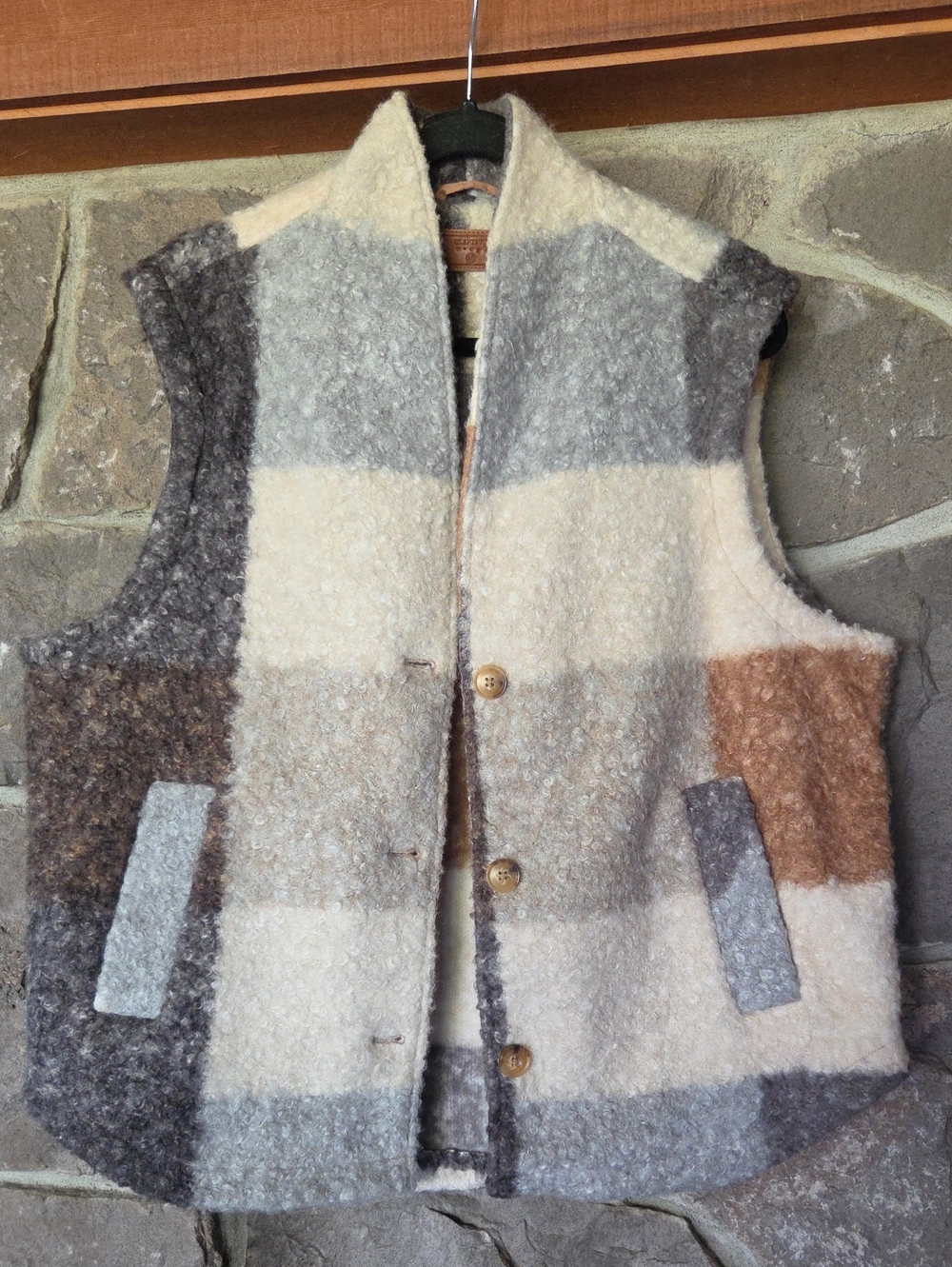Blank NYC Men's Plaid Bouclé Vest in Cream, Gray & Brown